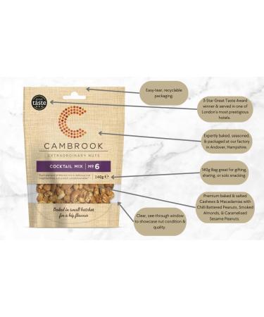 Cambrook Cocktail Mix 6 | Salted Smoked & Caramelised Mixed Nuts 140 g Bag - Premium Quality Nuts Vegetarian Salted Cashews and Macadamias 140 g - Buy Online on SooperMarket.com