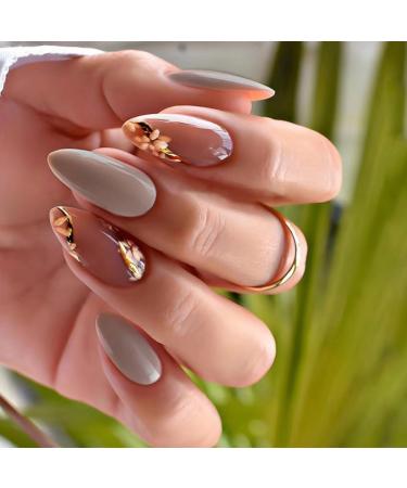 JUSTOTRY 24 Pcs Floral Stiletto False Nails Medium Grey French Press on Nails Pattern Trendy Gold Swirl Fake Nails Short with Nail Glue Almond Stick on Nails for Women Nails Fake Nail for Nails Art flower&grey1