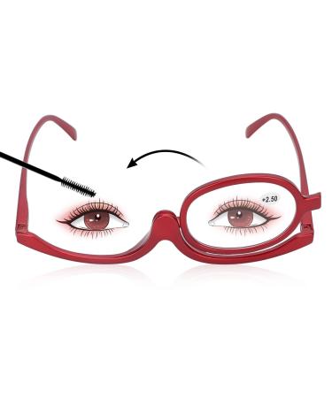 Agatige Magnifying Makeup Glasses Single Lens Eye Makeup Glasses Rotating Fashion Eyeglasses for Women (Red)(+2.50)