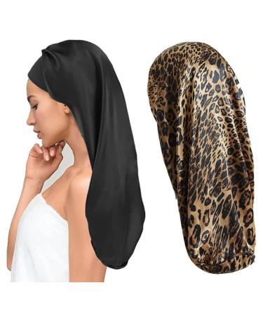Ladaypoa 2 pieces women satin sleeping cap silk hood for curly hair satin hair hood to sleep large double -layer adjustable satin hood for women black+leopard pattern