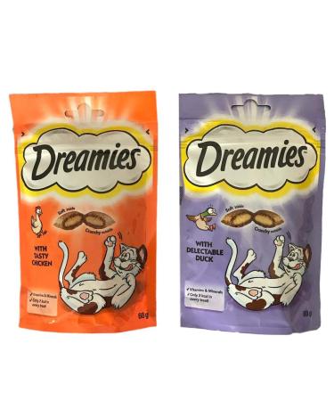 Dreamies Cat Treats Bundle - 2 Flavours - Delectable Duck and Tasty Chicken 60g (one of each)