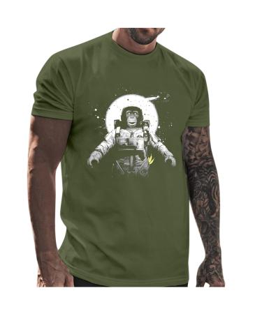 BEUU Mens Summer Short Sleeve T-Shirts Funny Space Monkey Print Crewneck Tops Sports Workout Casual Basic Tees 161- Army Green Large