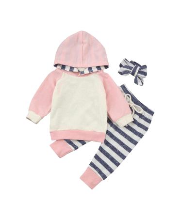 TMEOG Baby Boys Girls Long Sleeve Pullover Hooded Sweatshirts Top+Pants Infant Hoodie Tracksuit Clothes Outfits Set Pink (Stripe) 3-6 Months