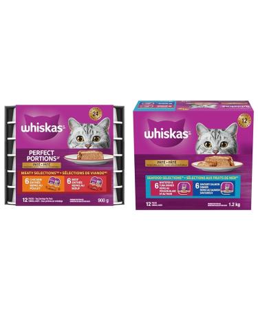 WHISKAS Perfect Portions Meaty Selections Adult Wet Cat Food Pat 12x75g Tray & Seafood Selections Adult Wet Cat Food Pat Multipack - 6 Whitefish and Tuna 6 Salmon 12x100g Tray Beef Chicken + Cat Food