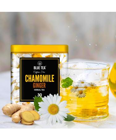 BLUE TEA - Chamomile Ginger Herbal Tea - 30 Tea Bags | CAFFEINE FREE | Gluten Free - Non-GMO | Eco-Conscious Tin Packaging - Buy Online on SooperMarket.com