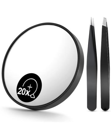 OMIRO 20X Magnifying Mirror and Eyebrow Tweezers Kit, 3.5" Three Suction Cups Magnifier Travel Set 3.5", 20X (2nd Generation)