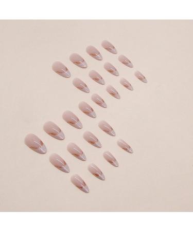 Buy MISUD Almond Press on Nails - Medium Stiletto Glossy Chrome Acrylic Bling French Tip - 24 pcs Nude Pink | International Shipping Available - Buy Online on SooperMarket.com