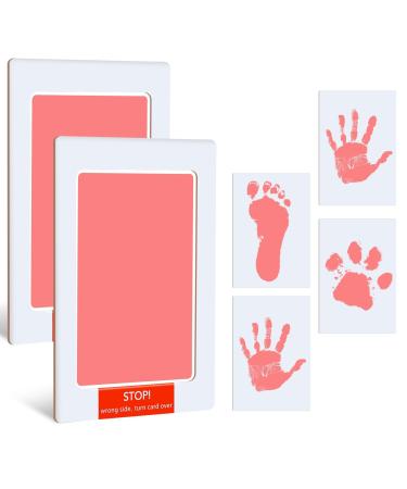 RosewineC Baby Handprint and Footprint Ink Kit 2 Large Baby Inkless Print Pads 4 Imprint Cards Pet Paw Print Inkless Print Kit Safe Non Toxic for Baby Hand and Feet Family Keepsake(Pink)