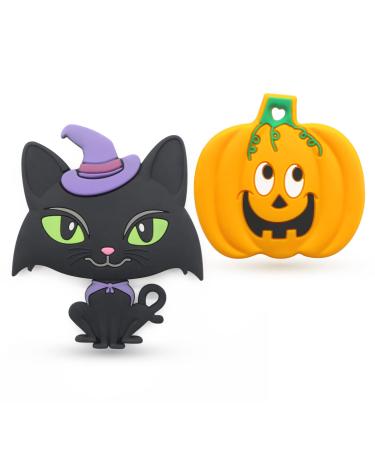 Teething Toys for Babies PAPACHOO 2 Pack Halloween Soft Silicone Baby Soothing Teether Chew Toys (Orange & Kitten)