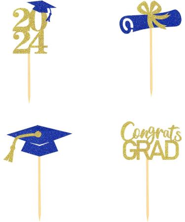 Pack of 24 Glitter 2024 Graduation Cupcake Toppers Graduation Cupcake Toppers Bachelor Hat Decoration Graduation Decoration for Graduation Party Decoration (Blue & Gold) - Buy Online on SooperMarket.com