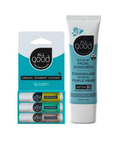 All Good SPF 15 Lip Balm & Facial Sunscreen Bundle - Calendula Olive Oil Beeswax Vitamin E - Includes (1) SPF 15 Lip Balm 3-Pack and (1) SPF 30 Facial Sunscreen