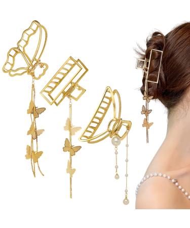 3PCS Butterfly Hair Clips Gold Butterfly Hair Claw Clip Metal Hair Claw Nonslip Tassel Hair Clip Butterfly Hair Clamp Tassel Hair Catch Clip Hair Accessories for Women Girls Thick Thin Hair