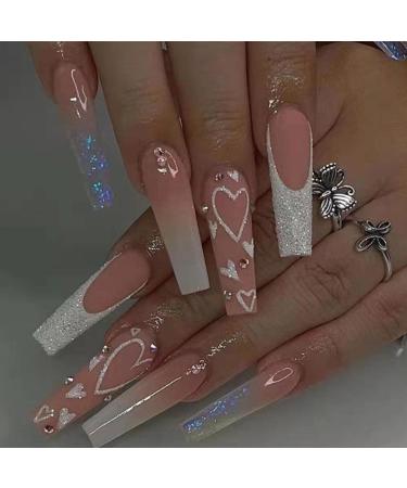 Hkanlre French Pink Press on Nails Coffin Long Heart Fake Nails Flower Full Cover Ballerina Shiny False Nails for Women and Girls 24PCS