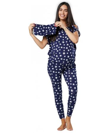 HAPPY MAMA Women's Maternity Breastfeeding Lounge Top Joggers Pyjamas Set 1024p 12 Navy With Large White Stars