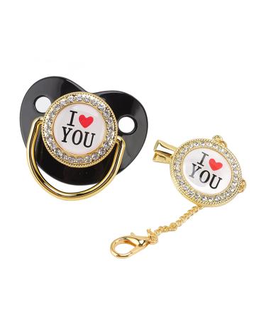 Bling baby pacifier healthy pacifier non-toxic prevents the loss of an attractive pacifier set "I love you" pattern for parties (black)