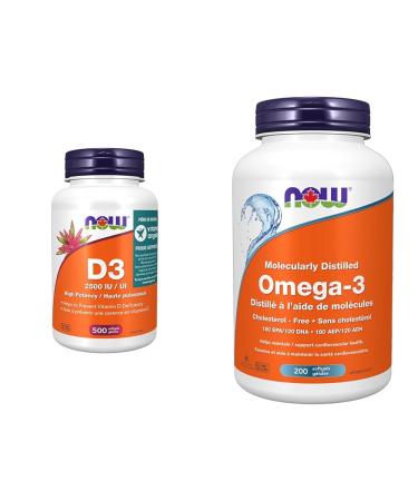 NOW Supplements Vitamin D3 2500 IU Softgels 500 Count & NOW Supplements Omega-3 1 000mg Softgels 200 Count