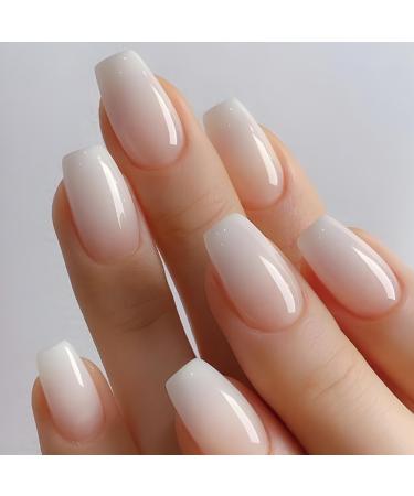 Hkanlre Bling Coffin Press on Nails Fake Nails Tips Full Cover Medium False Gradient Nails for Women and Girls 24PCS (Nude gradient coffin)