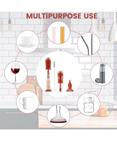 3 in 1 Baby Bottle Brush Set with Lone Handle, Silicone Cleaning Brush with Stand - Portable Teat, Straw, Nipples Cleaner for Bottles, Cups, Thermoses (Red) - Buy Online on SooperMarket.com