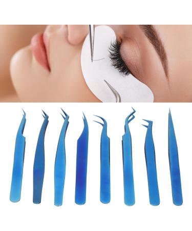 8-Piece Stainless Steel Eyelash Tweezers Set - Fine Tip Ergonomic Blue Titanium Eye Makeup Tools for Women - Portable & Durable - Buy Online on SooperMarket.com