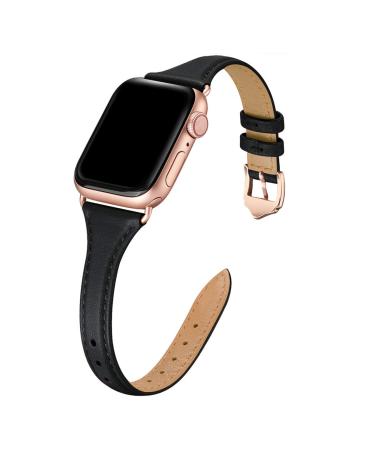 WFEAGL Leather Bands Compatible with Apple Watch Band 38mm 40mm 41mm 42mm 44mm 45mm 49mm Women, Top Grain Leather Band Slim & Thin Replacement Wristband for iWatch Ultra SE & Series 8 7 6 5 4 3 2 1 A-Black/RoseGold 38mm 40mm 41mm