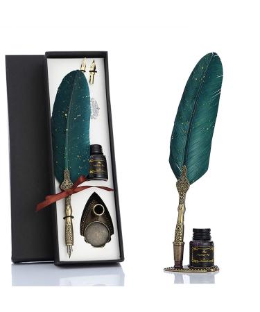 VANGOAL Feather Pen and Ink Set  Glittering Quill Pen Set Antique Calligraphy Dip Pen with Ink  2 Replacement Nibs  Pen Stand Base  Luxury Vintage Signature Pen (Green)
