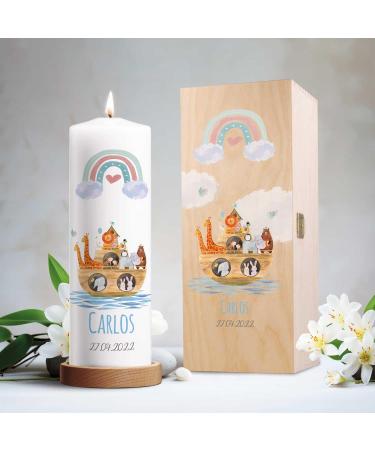 Personalized Gravure Printed Baptism Candle | Ark Rainbow Design | High-Quality Christening Gift for Boys & Girls | 250/80 mm Blue - Buy Online on SooperMarket.com