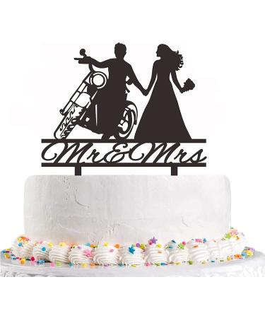Motorcycle Wedding Cake Topper Bride and Groom with Motorbike Cake Topper Funny Motorcycle Couple Cake Topper for Wedding/Engagement/Bridal Shower Party Decoration