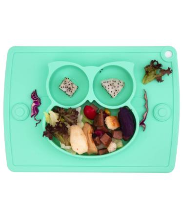 Silicone Divided Toddler Plates - Portable Non Slip Suction Plates for Children Babies and Kids BPA Free FDA Approved Baby Dinner Plate with Spoon Fork 5owl-cyan