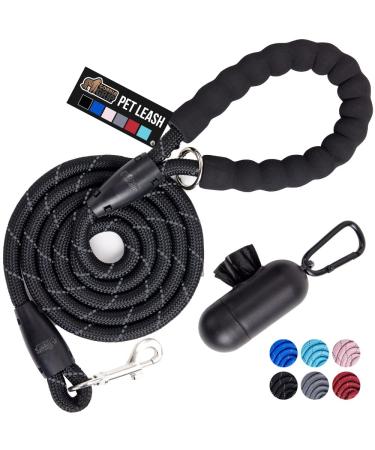 Gorilla Grip Durable Dog Leash, Soft Handle, Reflective Rope Pet Leashes for Puppy, Small and Large Dogs, Rotating Clip, Waste Bag Dispenser 5 Feet x 1/2 Inch Black