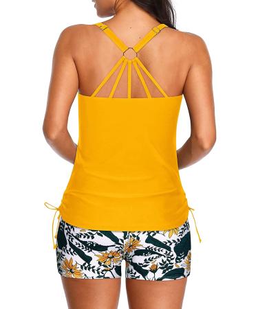 Yonique Yellow Floral Strappy Tankini Swimsuit Set with Shorts - Women's Two Piece Swimwear - Buy Online on SooperMarket.com