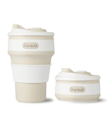 Korzull Collapsible Coffee Mug with Lid | Reusable and Foldable Pocket Size Travel Cup   Color Baby Powder  12oz / 350ml | Leak Proof  Odor Free  Dishwasher Safe  BPA Free Silicone (BabyPowder)