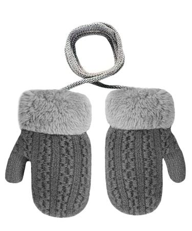 Baby Toddler Furry Winter Gloves Cold Weather Warm Knit Magic Mittens On String Kids Insulated Snow Warm Gloves with Fleece Lining for Baby Girls Boys 0-3 Years Gift B-Dark Grey