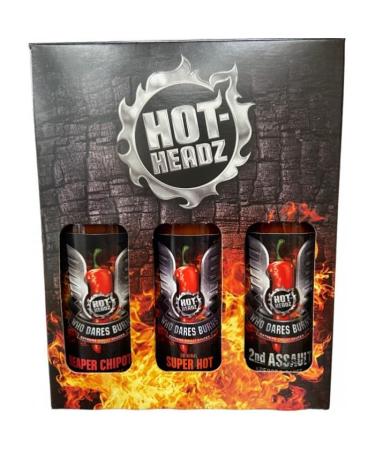 Hot Headz - Who Dares Burns! Ultimate Firepower Hot Sauce Gift Set Including 3x 148ml Hot Chilli Spicy Sauces. Selection Box For Any Dishes. All Natural Flavours Ideal As A Marinade And For Dipping.