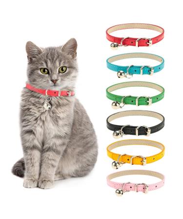 Yorgewd 6 Pack Leather Cat Collars with Removable Bell Polished Durable Metal Buckle Soft and Adjustable for Cats Puppy Small Medium Dogs