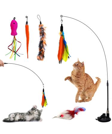 Autoau Cat Toys for Indoor Cats Adult Kitten Interactive Cat Toy Training Cat Feather Toy Suction Cup Bird Feather Pet Teaser Wand Toy with 5 Bells and Feather Filler Sucker wand