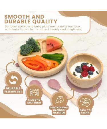 Yum Yum's Set of 6 Baby Feeding Set - Suction Bamboo Plates, Bowl, Wooden Spoons, Bibs | Kids Pink Weaning Set - Buy Online on SooperMarket.com