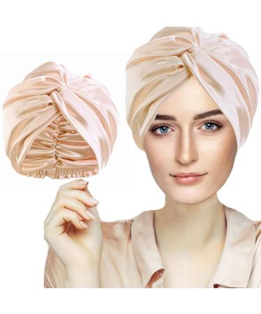 Silk Hair Bonnet Hair Wrap for Sleeping Imitation Silk Bonnet Sleep Night Cap for Women Hair Care Double Layer Soft Silky Head Scarf Match Strong Elastic Band Apply to Washing Makeup Sport One Size Champagne