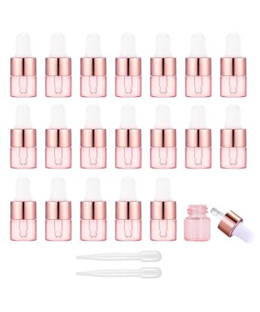 Alledomain 20Pcs 1Ml Rose Gold Glass Sample Dropper Bottles Empty Mini Bottles with Dropper Pipettes Aluminum Alloy Cap Refillable Sample Containers for Essential Oils Perfume Aromatherapy
