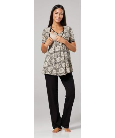 HAPPY MAMA Women's Maternity Nursing 3pcs Nightwear Set - Beige Flowers & Black - Buy Online on SooperMarket.com