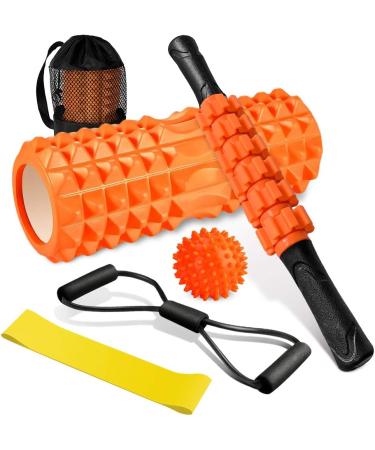 QveeTry 6-in-1 Foam Roller Set - Fascia Roll Massage Roller Rod & Fitness Straps for Yoga & Pilates - 33cm Orange | International Shipping - Buy Online on SooperMarket.com