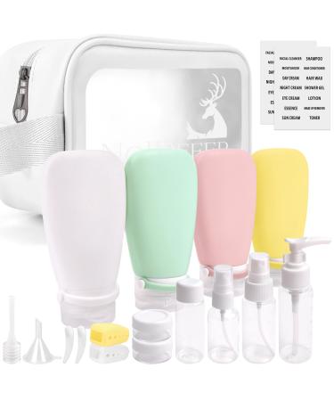 Noideeer 18 pieces silicone travel bottles set aircraft approval for travel bottles for filling suitable for shampoo lotion hair rinsing shower gel with labels and transparent cultural bags White