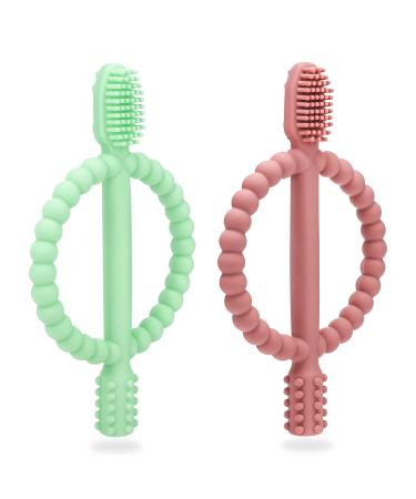 Baby biting toys 2 pieces of children's toothbrush toothing aid bite ring made of silicone BPA-free stimulating and massaging wound gums from 3 months Bright Green & Caramel
