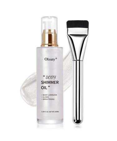 Shimmer Body Oil-Pearl White Face Brighten Glow Pearl Highlighter Liquid Illuminator Body Glow Oil 4 Color Bronze Makeup Glitter Body Shimmer Oil with Makeup Brush #01-Pearl White