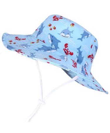 LANGZHEN Beach Sun Protection Hat for Baby Girls Adjustable Toddler Kids Hat Wide Brim Summer Play Hat with Chin Strap Crab -Light Blue 2-4 Years