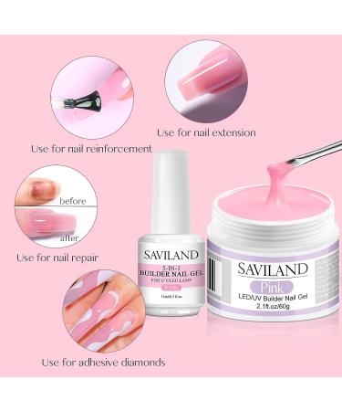 Saviland Pink Builder Nail Gel Kit - 5-In-1 Builder Base & Hard Gel for Nail Strengthening, Repair, and Extensions - DIY Home Nail Kit - Buy Online on SooperMarket.com