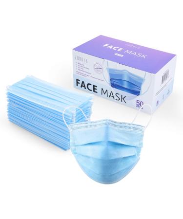Zubrex 50 Pcs Disposable 3 Ply Safety Face Mask for Protection - with Nanofiber Lining Elastic Earloops, Lightweight Breathable Protective Anti-Dust Facial Masks Health School Office Blue