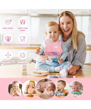 Vicloon Silicone Baby Bib 2PCS Baby Weaning Bibs Waterproof Baby Feeding Bibs Adjustable with Wide Food Catcher Pocket Unisex Toddler Bibs (Pink-Grey) - Buy Online on SooperMarket.com