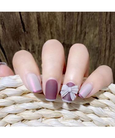 Sethexy Purple Sparkle Bowknot False Nails - 24 Pcs Acrylic Short Square Nail Art Tips for Women & Girls - Complete Cover - Buy Online on SooperMarket.com
