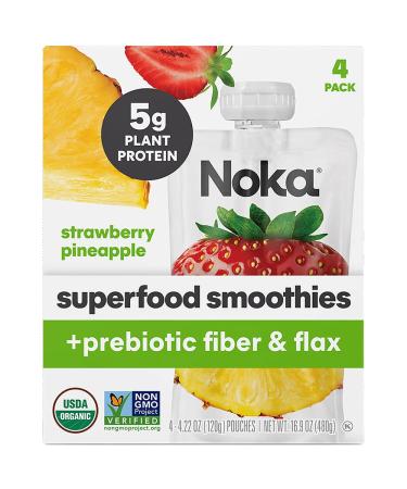 Noka Superfood Smoothie Pouches (Strawberry Pineapple) 4 Pack, with Plant Protein, Prebiotic Fiber & Flax Seed, Organic, Gluten Free, Vegan, Healthy Fruit Squeeze Snack Pack, 4.22oz Ea