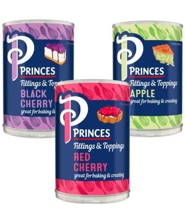 Black Cherry Fruit Filling Tin 410g with Bramley Apple Fruit Filling Tin 395g & Red Cherry Fruit Filling Tin 410g - Bundle Consisting of Princes x3 Pack